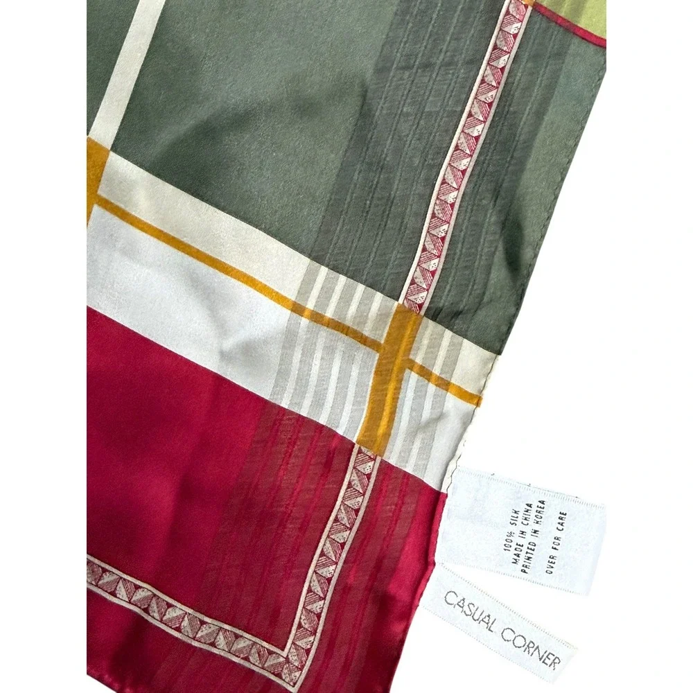 Vintage‎ Silk Plaid Square Scarf Red Black Olive Geometric Sheer Neck Wrap